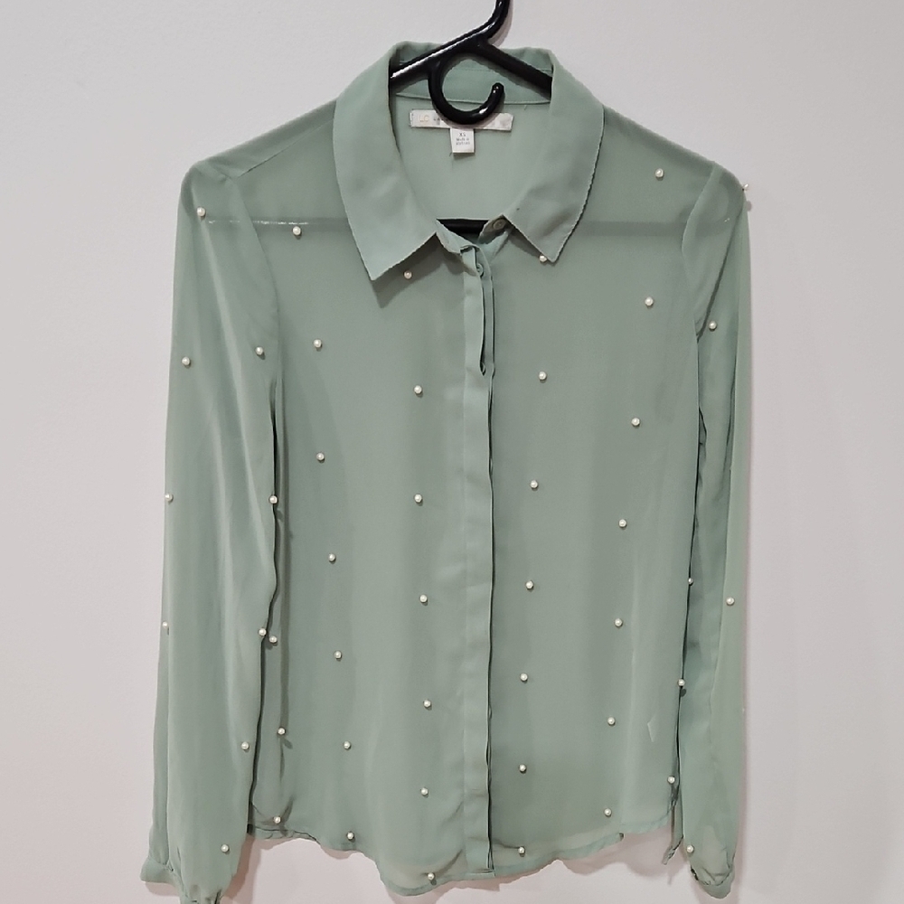 LC Lauren Conrad Green Embellished Long Sleeve Blouse